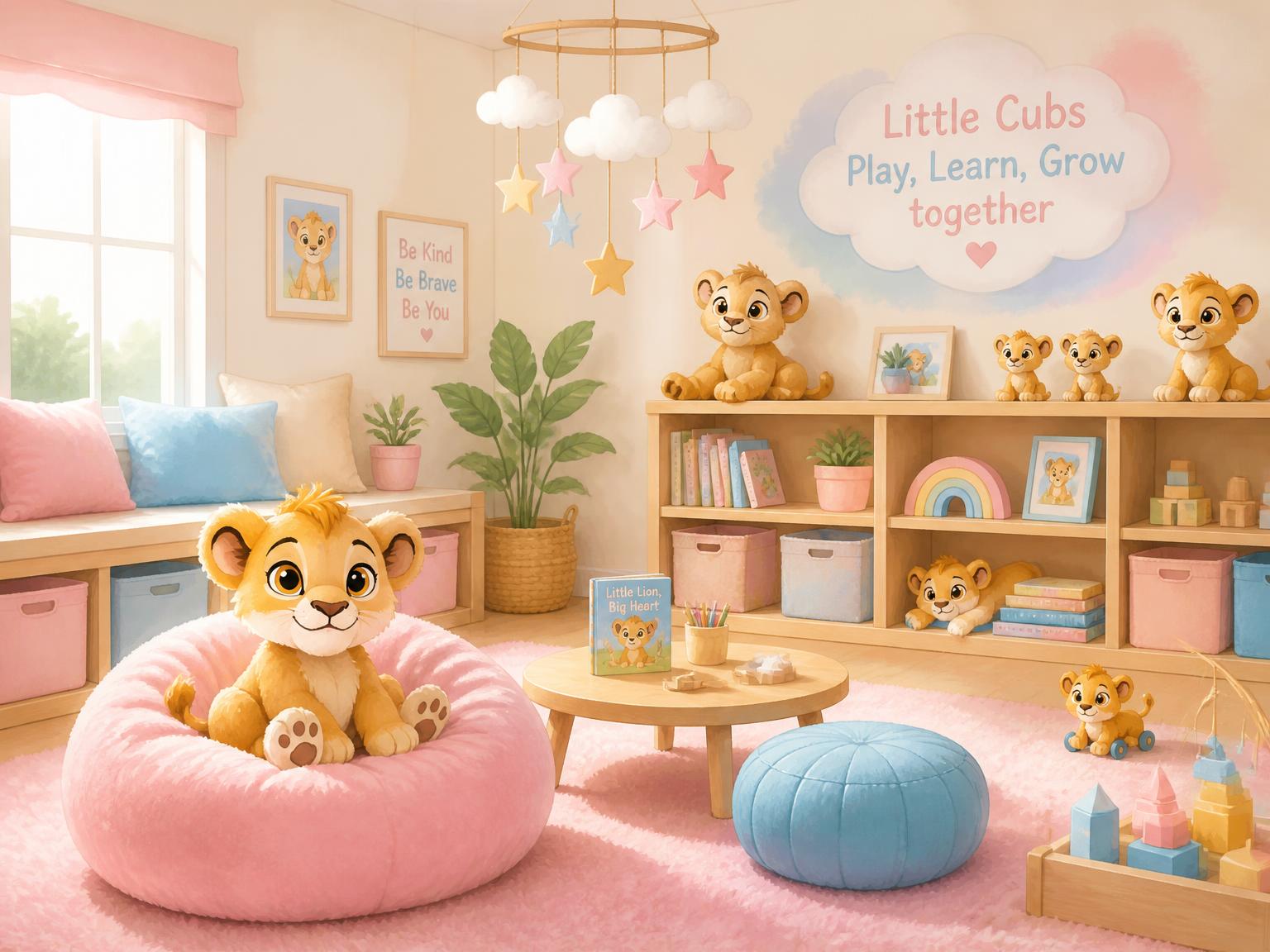 A soft, cozy daycare playroom with lion cub plushies and pastel toys
